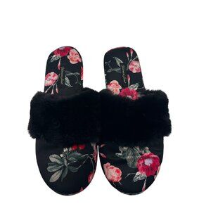 Victorias Secret Women's Floral Satin & Faux Fur Slippers sz Medium